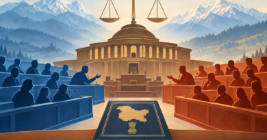 Conceptual illustration of the Jammu and Kashmir Assembly debating statehood, with a constitutional document, opposing benches and Himalayan contours.