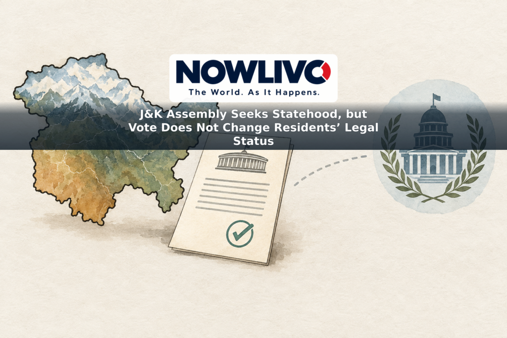 Illustration of a Jammu and Kashmir map beside an Assembly resolution, separated from a symbol of statehood to show that the vote has not changed its status.