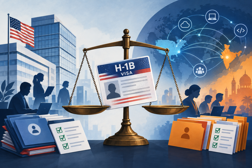 Conceptual illustration of an H-1B visa balanced between US employment protections and an India-linked global technology workforce.