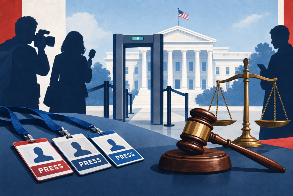 Conceptual illustration of press badges, a courthouse gavel and an open gate leading toward a government building.