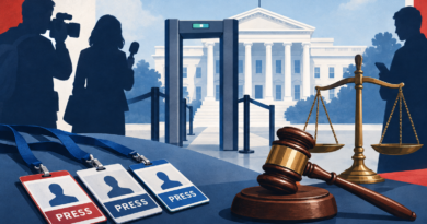 Conceptual illustration of press badges, a courthouse gavel and an open gate leading toward a government building.