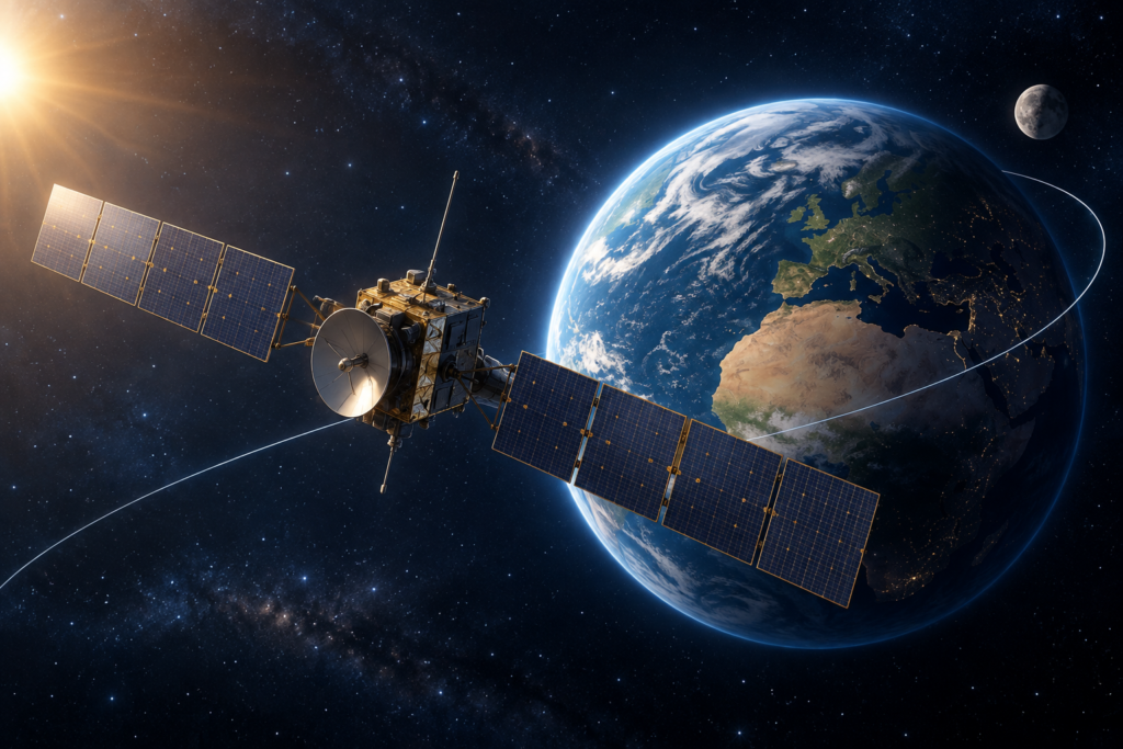 AI editorial illustration of a generic solar-powered probe approaching Earth with the Moon in the distance; not an actual image of Juice.