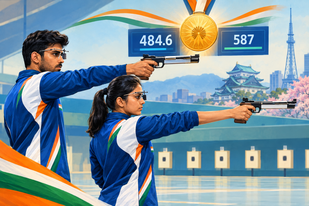 Editorial illustration of an Indian mixed air-pistol team celebrating gold beside target and scoreboard motifs.
