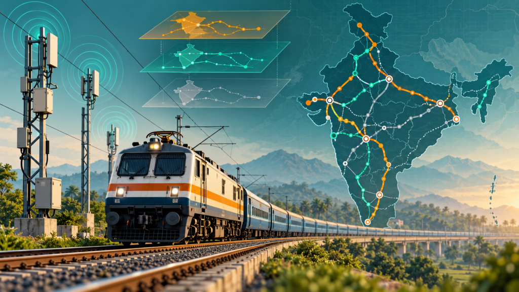Editorial illustration of an Indian passenger train, trackside communication towers and an abstract route map showing deployment stages
