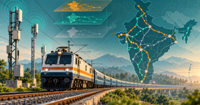 Editorial illustration of an Indian passenger train, trackside communication towers and an abstract route map showing deployment stages