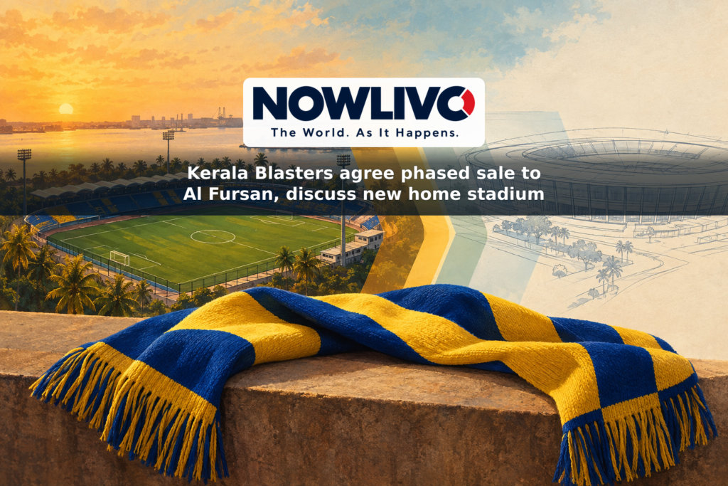 Illustration of a yellow-and-blue football scarf between an existing ground and the outline of a possible future stadium.