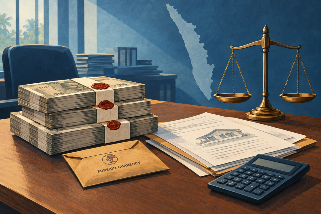 Conceptual illustration of currency, property records and scales of justice representing a vigilance inquiry in Kerala.