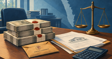Conceptual illustration of currency, property records and scales of justice representing a vigilance inquiry in Kerala.