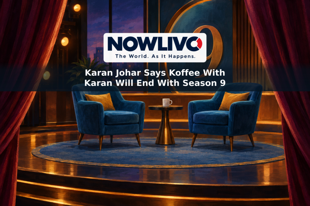 Illustration of an empty talk-show set with a coffee mug, dimming lights and a closing curtain.