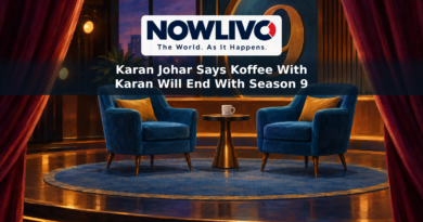Illustration of an empty talk-show set with a coffee mug, dimming lights and a closing curtain.