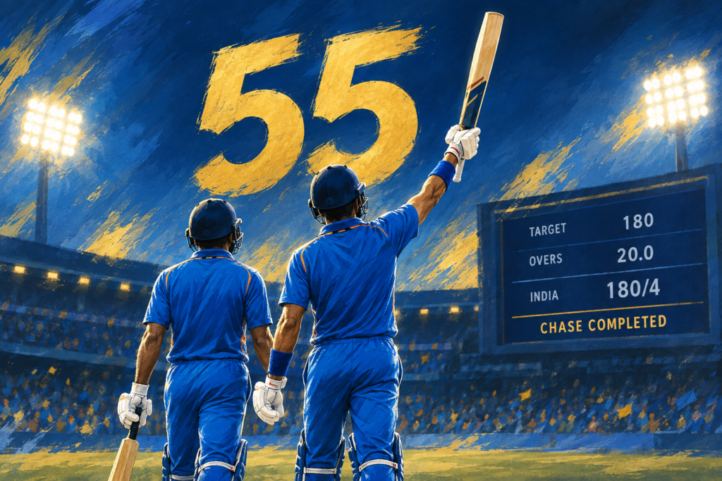 Stylized illustration of two Indian cricket batters at a floodlit ground, with the number 55 marking Kohli’s ODI-century milestone.