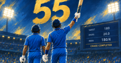 Stylized illustration of two Indian cricket batters at a floodlit ground, with the number 55 marking Kohli’s ODI-century milestone.