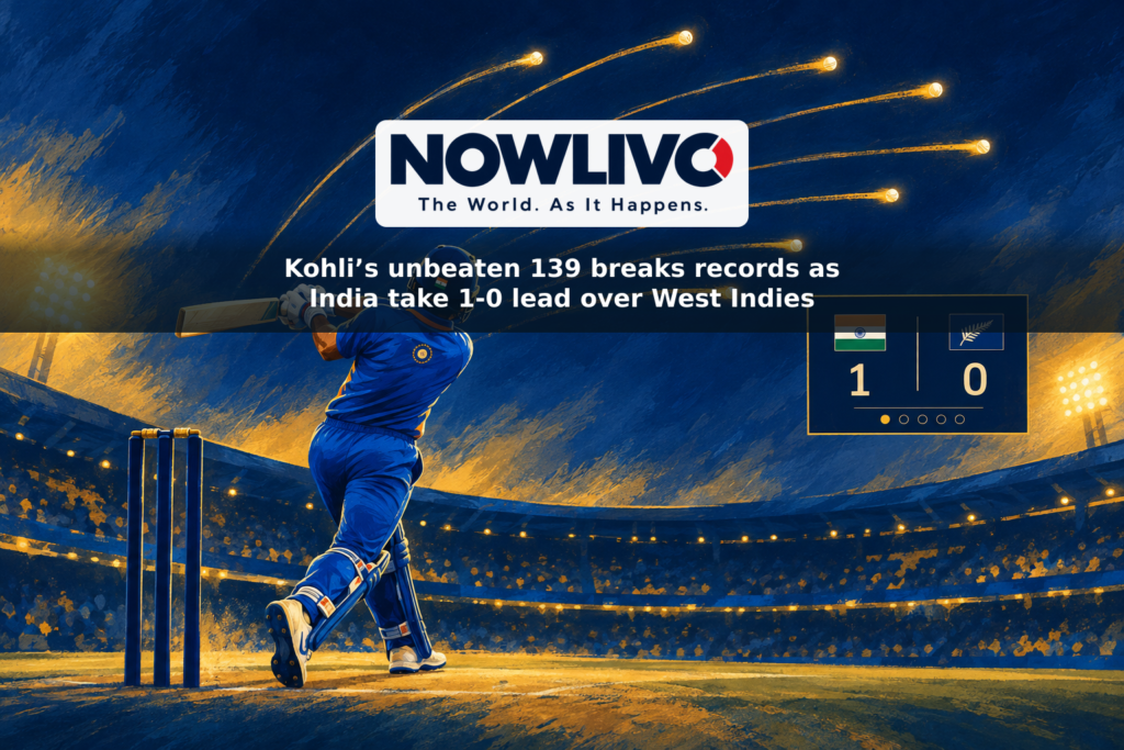 Illustration of a cricket batter under stadium lights, with nine arcs in the sky and a graphic showing India’s 1–0 series lead.