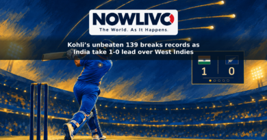 Illustration of a cricket batter under stadium lights, with nine arcs in the sky and a graphic showing India’s 1–0 series lead.