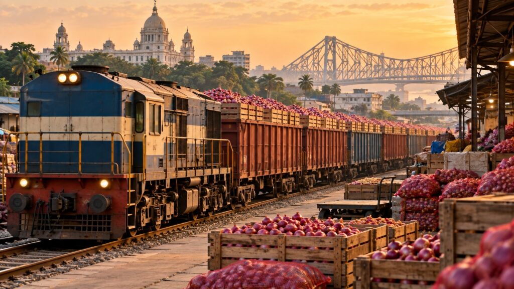 Editorial illustration of an onion freight shipment arriving near a Kolkata produce market