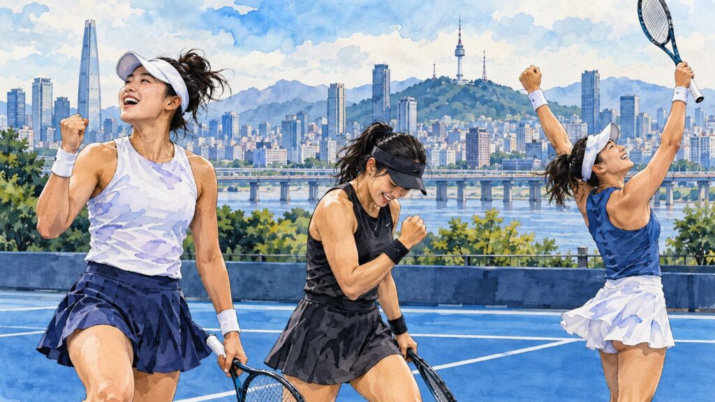 Editorial illustration of three anonymous tennis players celebrating on a Seoul hard court