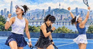 Editorial illustration of three anonymous tennis players celebrating on a Seoul hard court