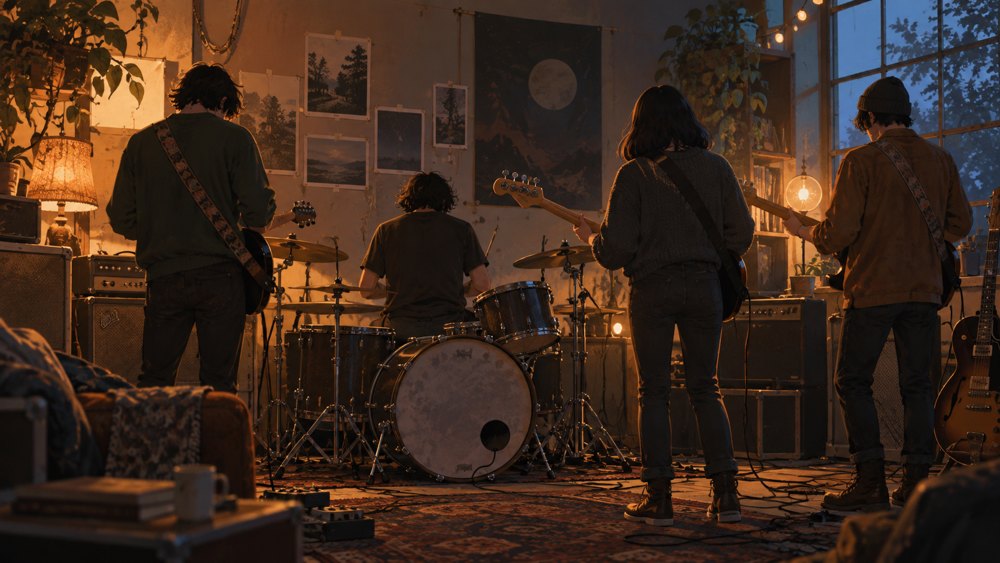 Illustration of four indie rock musicians rehearsing together in a warmly lit room