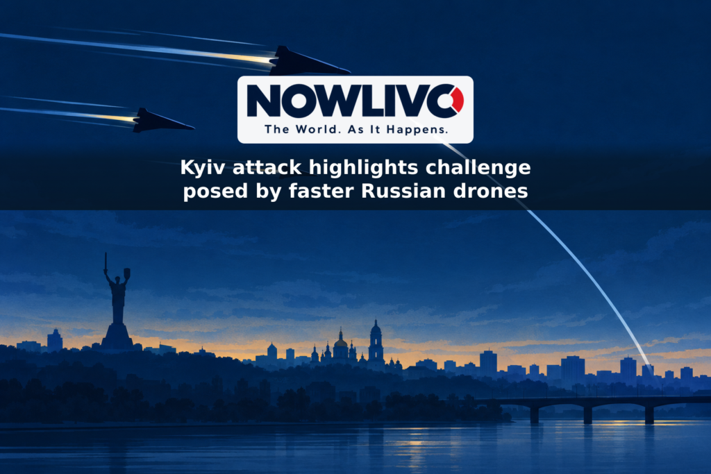 Conceptual illustration of a small interceptor approaching a faster aerial threat above a stylized city skyline.