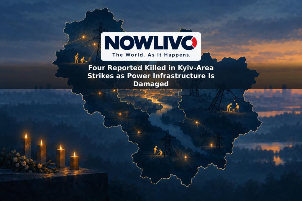 Conceptual illustration of a partially lit power grid over a map of Kyiv and its surrounding region, with four memorial lights.
