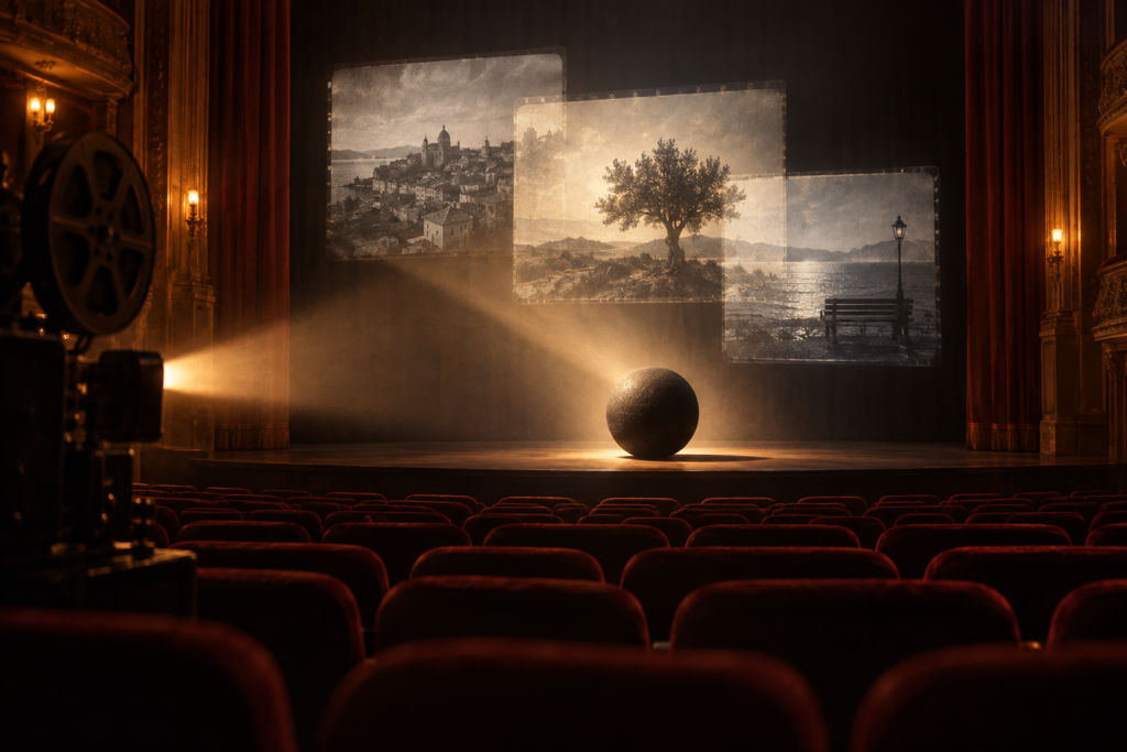 AI-created editorial illustration of an empty cinema and black sphere symbolising La Bola Negra’s audience award