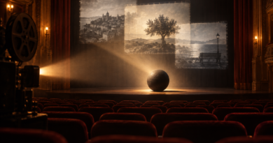 AI-created editorial illustration of an empty cinema and black sphere symbolising La Bola Negra’s audience award