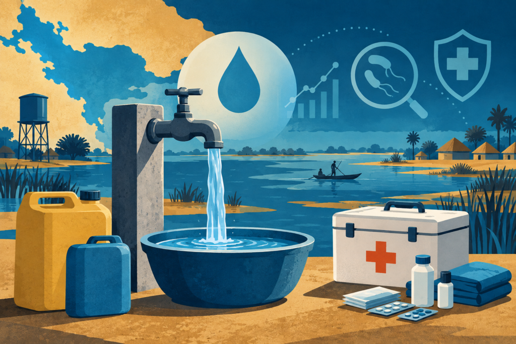AI-created editorial illustration of a water tap, medical supplies and disease surveillance symbols for cholera preparedness in the Lake Chad Basin.