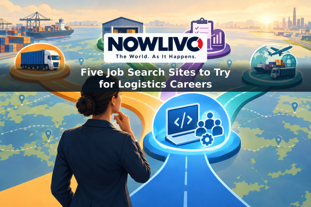 Illustration of a logistics professional comparing career paths across technology, freight, warehousing, inventory and transportation.