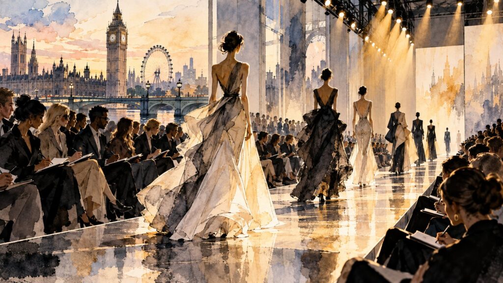 Editorial illustration of a London fashion runway with buyers seated along the catwalk