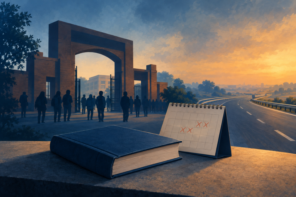 Conceptual illustration of a university entrance, a highway and a closed textbook representing campus unrest and suspended classes.