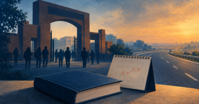 Conceptual illustration of a university entrance, a highway and a closed textbook representing campus unrest and suspended classes.