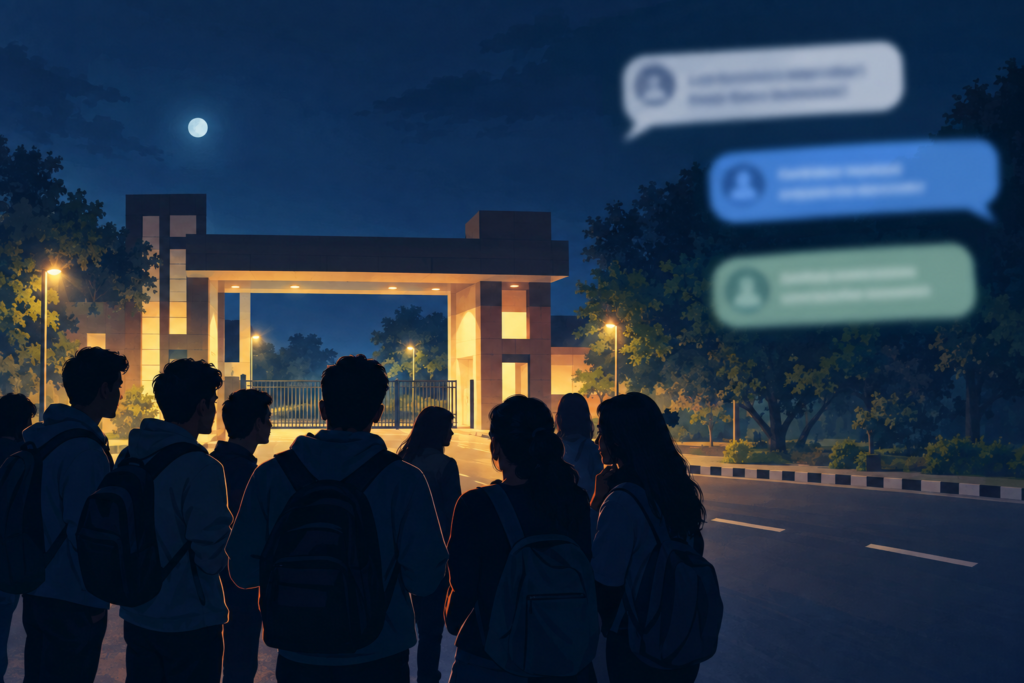 Conceptual illustration of students gathered near a university entrance, with blurred message bubbles representing unverified claims.