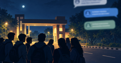 Conceptual illustration of students gathered near a university entrance, with blurred message bubbles representing unverified claims.