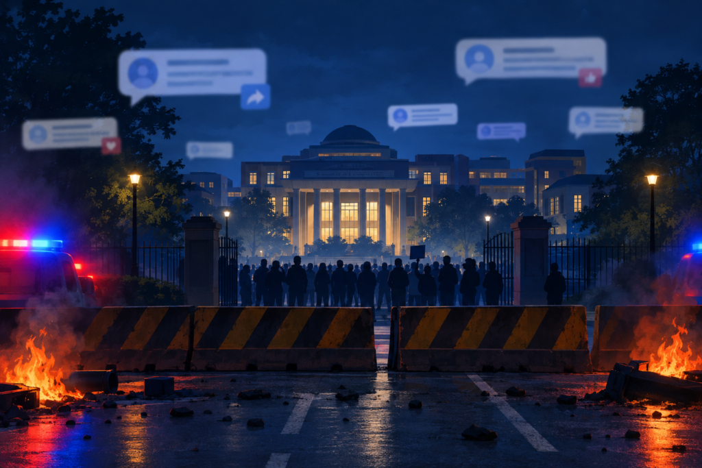 Editorial illustration of students gathering at a university campus beside a blocked highway as unverified messages circulate.