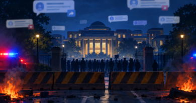 Editorial illustration of students gathering at a university campus beside a blocked highway as unverified messages circulate.