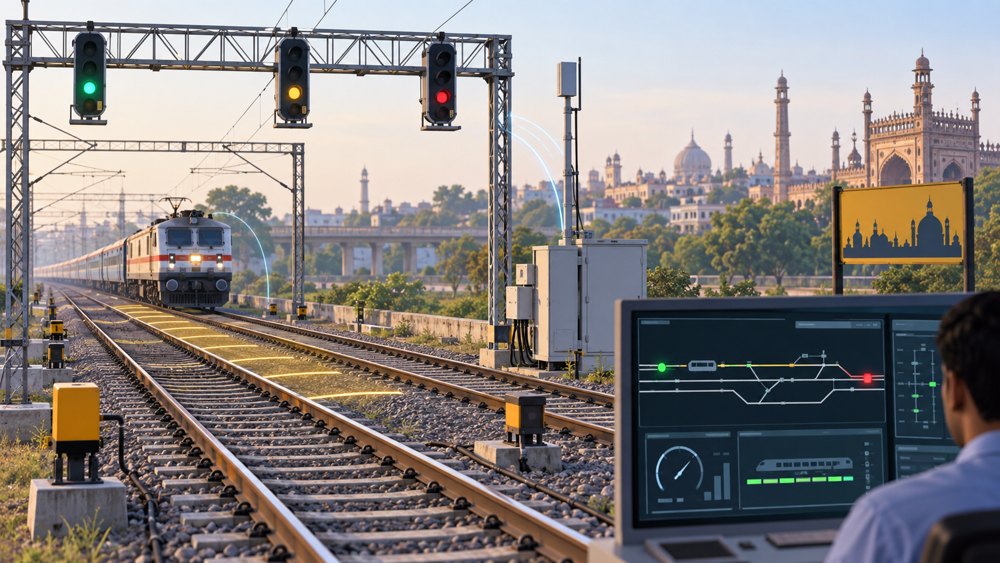 Symbolic illustration of an electric train approaching signals with a rail safety control display