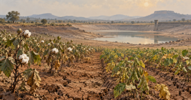 AI editorial illustration of dry soil, stressed crops and a low reservoir in a conceptual Maharashtra farm landscape