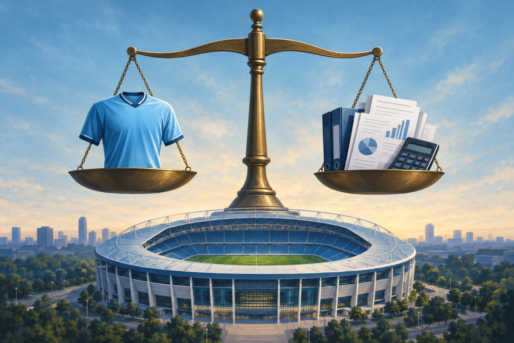 Conceptual illustration of legal scales balancing a sky-blue football jersey against financial documents outside a stadium