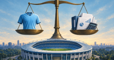 Conceptual illustration of legal scales balancing a sky-blue football jersey against financial documents outside a stadium