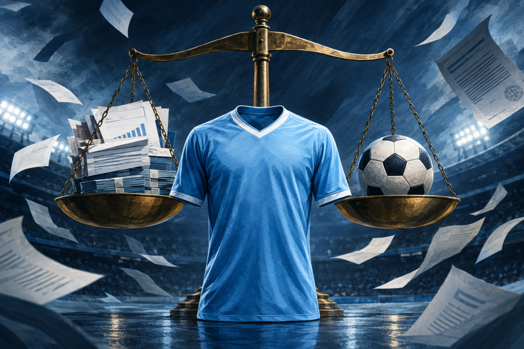 Conceptual illustration of a sky-blue football jersey beside scales balancing financial documents and a football.