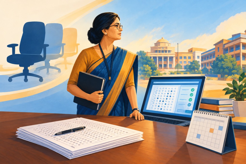 Conceptual illustration of new CBSE leadership overseeing answer sheets, digital evaluation and school examination reforms.