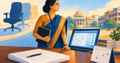 Conceptual illustration of new CBSE leadership overseeing answer sheets, digital evaluation and school examination reforms.