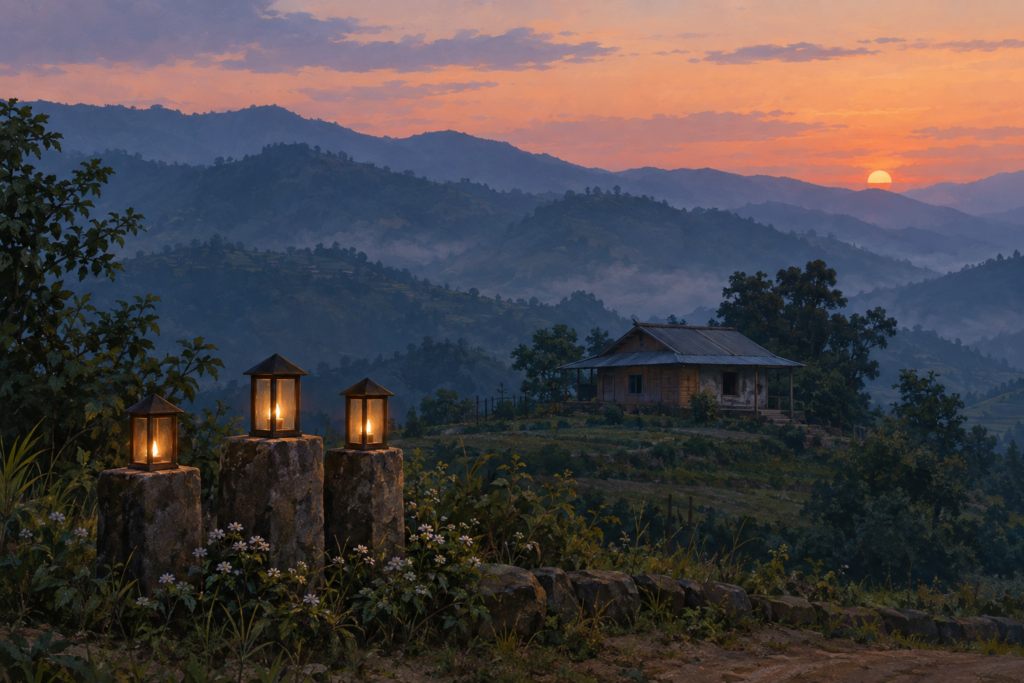 Illustration of a village house in Manipur’s hills with three memorial lights in the foreground.