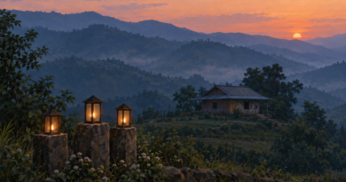 Illustration of a village house in Manipur’s hills with three memorial lights in the foreground.