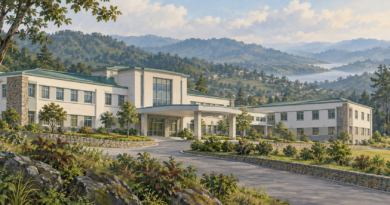 AI editorial illustration of a conceptual hospital building in Meghalaya hill scenery; not Jowai Civil Hospital