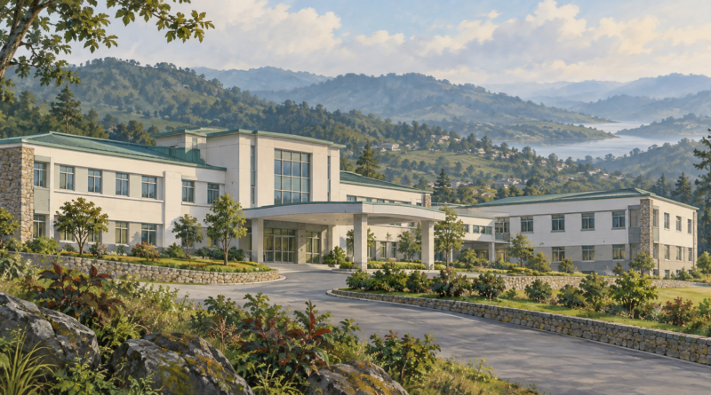 AI editorial illustration of a conceptual hospital building in Meghalaya hill scenery; not Jowai Civil Hospital