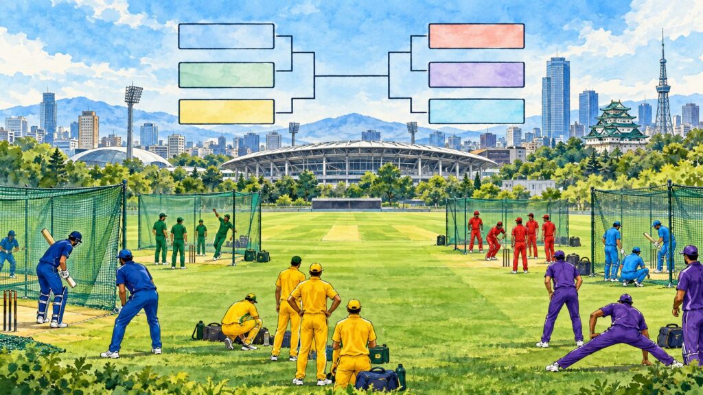 Editorial illustration of men’s cricket teams practising in Japan under an abstract tournament bracket