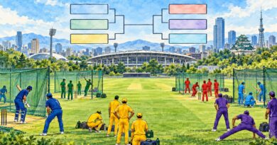 Editorial illustration of men’s cricket teams practising in Japan under an abstract tournament bracket