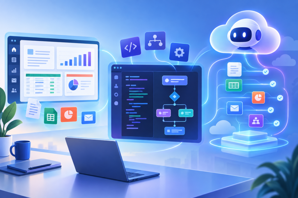 Conceptual illustration of one AI workspace connecting office documents, app building tools and an autonomous cloud agent.