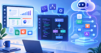 Conceptual illustration of one AI workspace connecting office documents, app building tools and an autonomous cloud agent.